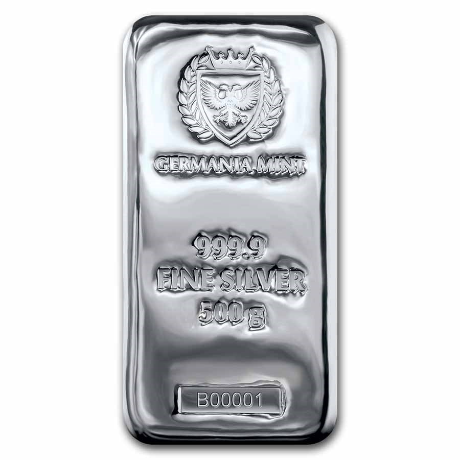 500 gram Silver Bar - Germania Mint (Serialized): 500 gram Silver Bar - Germania Mint (Serialized) Product ID: 236217 Year: N/A Grade: None Grade Service: None Mint Mark: N/A - Not Available Metal Content: 16.075 troy oz Purity: .9999 <b