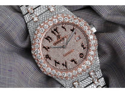 Audemars Piguet Royal Oak Iced Out Custom Two Tone Rose Gold Diamond Watch: Audemars Piguet Royal Oak Iced Out Custom Two Tone Rose Gold Diamond Watch Product Code: DR639-E21A8 Brand: Audemars Piguet Condition: Never Worn Final Sale: THIS ITEM IS FINAL SALE AND NOT RETURNABLE