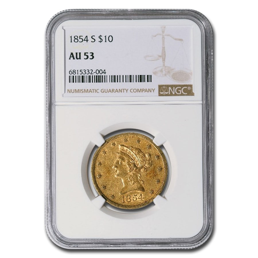 1854-S $10 Liberty Gold Eagle AU-53 NGC: 1854-S $10 Liberty Gold Eagle AU-53 NGC Product ID: 101817 Year: 1854 Grade Service: NGC Denomination: 10 Dollars Metal Content: 0.4838 troy oz Purity: .900 Thickness: 2.03 mm Di