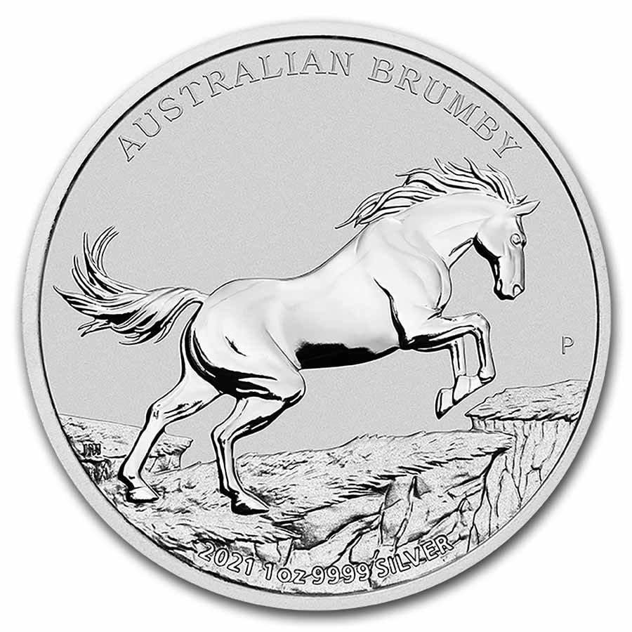 2021 Australia 1 oz Silver Australian Brumby BU: 2021 Australia 1 oz Silver Australian Brumby BU Product ID: 236147 Year: 2021 Grade: Brilliant Unc Grade Service: None Denomination: 1 Dollar Mint Mark: P - Perth Metal Content: 1 troy oz