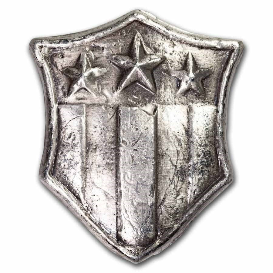 3 oz Hand Poured Silver - Shield of America: 3 oz Hand Poured Silver - Shield of America Product ID: 284754 Grade: None Grade Service: None Mint Mark: N/A - Not Available Metal Content: 3 troy oz Purity: .999 Thickness: Varies mm