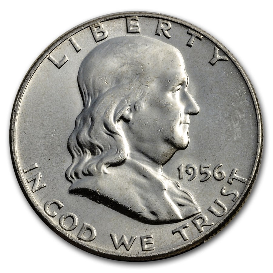 1956 Franklin Half Dollar BU: 1956 Franklin Half Dollar BU Product ID: 7859 Year: 1956 Grade: Brilliant Unc Grade Service: None Denomination: $0.50 Mint Mark: P - Philadelphia (Not Shown) Metal Content: 0.3575 troy oz