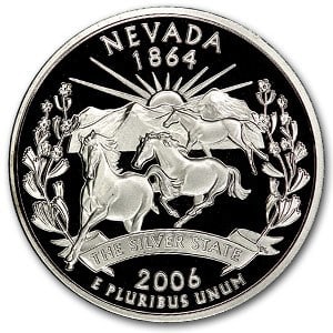 2006-S Nevada State Quarter Gem Proof: 2006-S Nevada State Quarter Gem Proof Product ID: 47100 Year: 2006 Grade: Gem Proof Grade Service: None Denomination: 25 Cents Mint Mark: S - San Francisco Metal Content: 0 troy oz