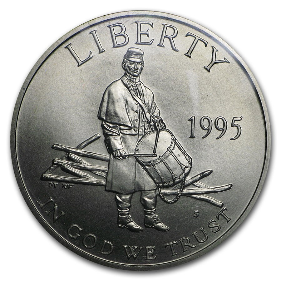 1995-S Civil War 1/2 Dollar Clad Commem BU (w/Box & COA): 1995-S Civil War 1/2 Dollar Clad Commem BU (w/Box & COA) Product ID: 6951 Year: 1995 Grade: Brilliant Unc Grade Service: None Denomination: 50 Cents Mint Mark: S - San Francisco Metal Con