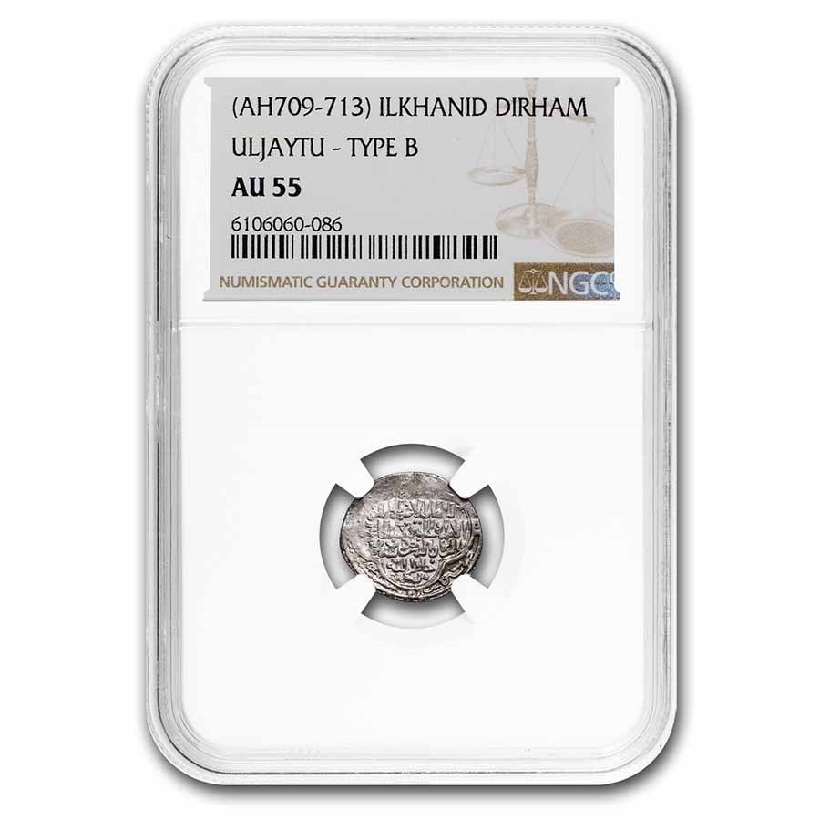 (AH709-713) Ilkhanate Mongols Silver Dirham AU-55 NGC: (AH709-713) Ilkhanate Mongols Silver Dirham AU-55 NGC Product ID: 274148 Year: 709-713 AH Grade: Almost Unc - 55 Grade Service: NGC Denomination: AR Dinar Mint Mark: Not Shown Metal Conte