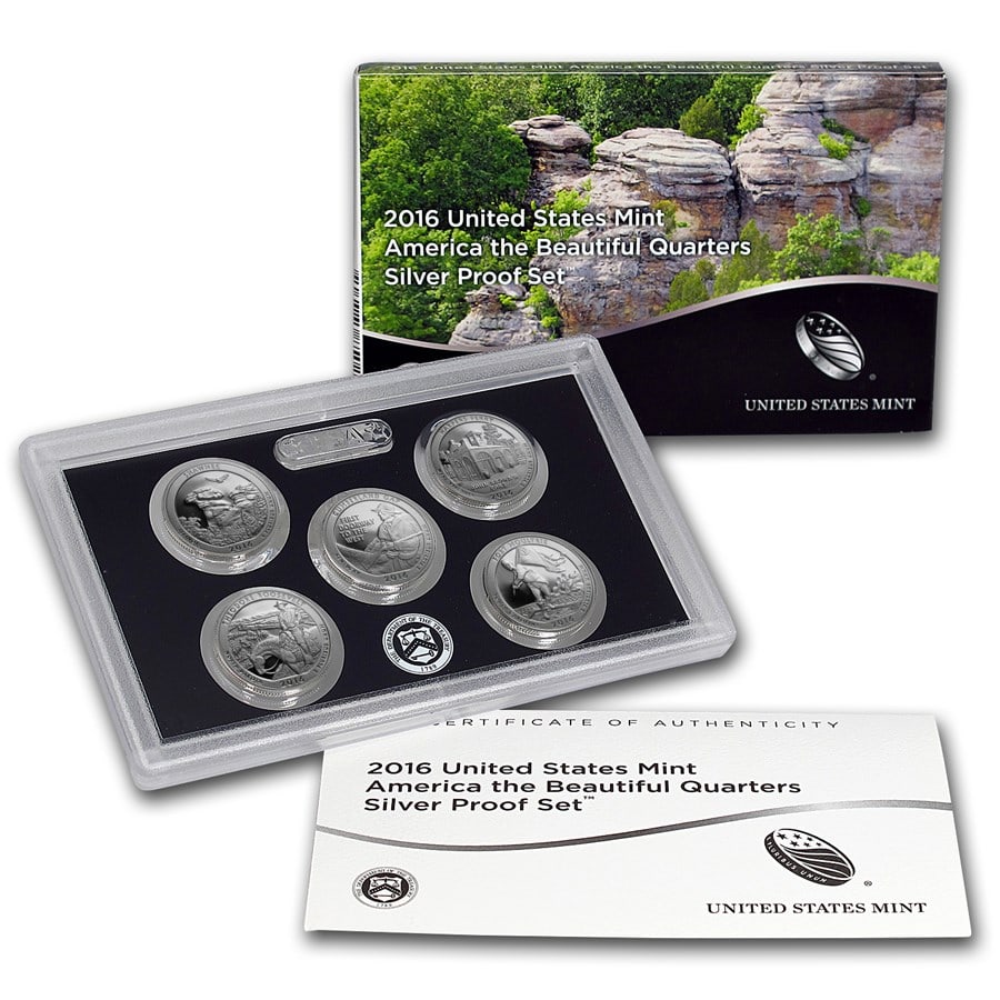 2016-S America the Beautiful Quarters Silver Proof Set: 2016-S America the Beautiful Quarters Silver Proof Set Product ID: 97113 Year: 2016 Grade: Proof Grade Service: None Denomination: 25 Cents Mint Mark: S - San Francisco Metal Content: 0.8