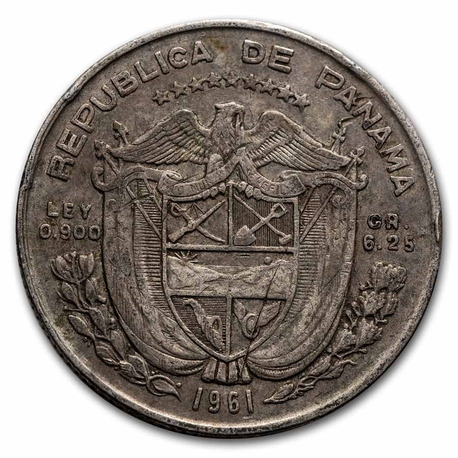 1961 Panama Silver 1/4 Balboa Avg Circ: 1961 Panama Silver 1/4 Balboa Avg Circ Product ID: 233722 Year: 1961 Grade: Average Circulated Grade Service: None Denomination: 1/4 Balboa Mint Mark: Not Shown Metal Content: 0.1808 troy