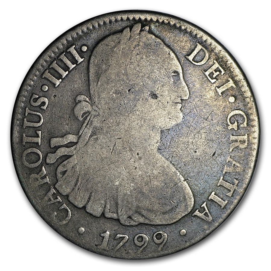 Spanish Empire Silver 8 Reales Portrait & Pillars Avg Circ: Spanish Empire Silver 8 Reales Portrait & Pillars Avg Circ Product ID: 52041 Year: Random Grade: Average Circulated Grade Service: None Denomination: 8 Reales Mint Mark: Varies Metal Cont