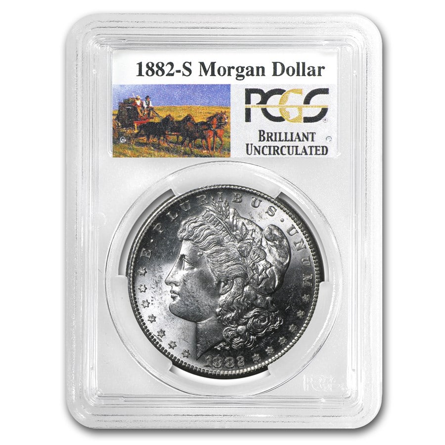 1882-S Stage Coach Morgan Dollar BU PCGS: 1882-S Stage Coach Morgan Dollar BU PCGS Product ID: 11479 Year: 1882 Grade: Brilliant Unc Grade Service: PCGS Denomination: 1 Dollar Mint Mark: S - San Francisco Metal Content: 0.7734 tr