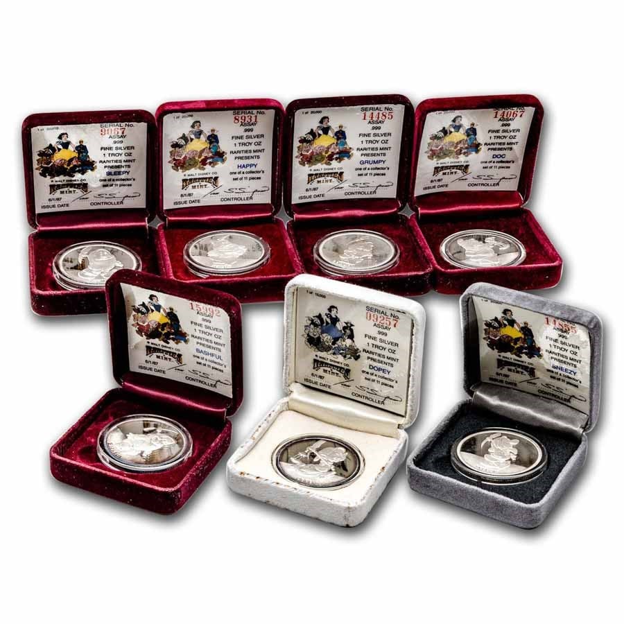 1 oz Silver - Disney's Snow White Seven Dwarfs Set (w/Box & COA): 1 oz Silver - Disney's Snow White Seven Dwarfs Set (w/Box & COA) Product ID: 285299 Year: 1987 Grade: None Grade Service: None Mint Mark: RM Metal Content: 7 troy oz Purity: .999