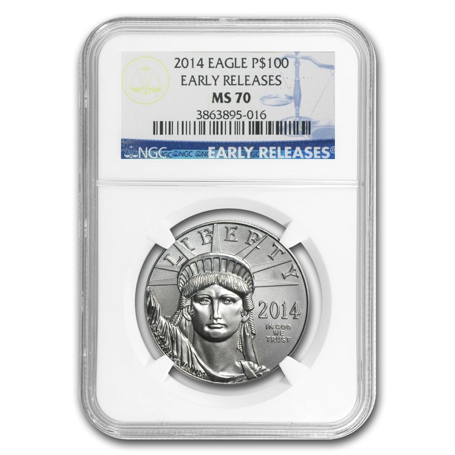 2014 1 oz American Platinum Eagle MS-70 NGC (Early Releases): 2014 1 oz American Platinum Eagle MS-70 NGC (Early Releases) Product ID: 79870 Year: 2014 Grade Service: NGC Denomination: 1 Dollar Metal Content: 1 troy oz Purity: .9995 Thickness: 2.38