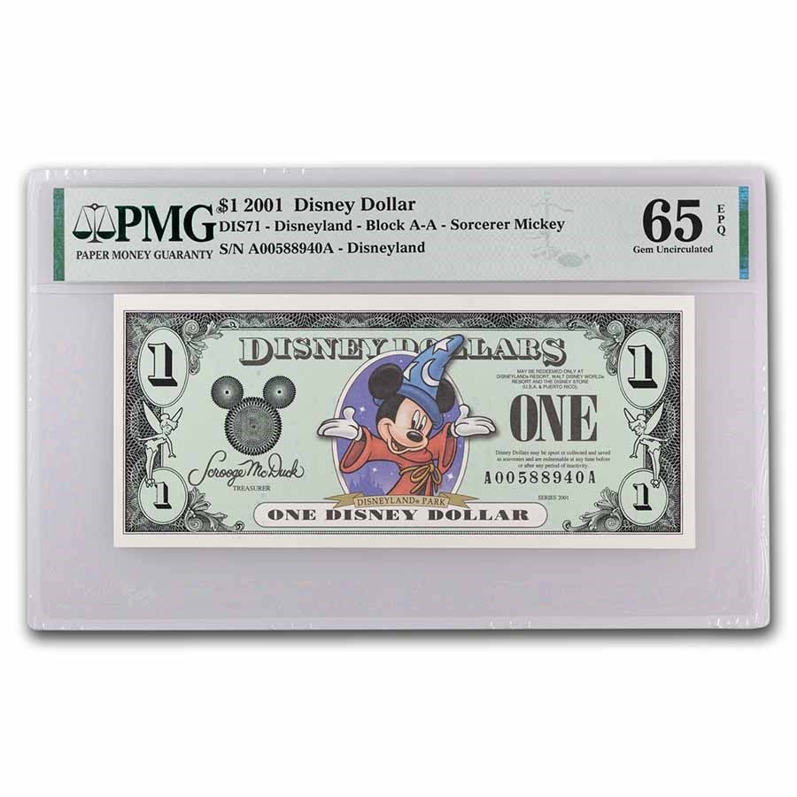 2001 $1.00 (AA) Sorcerer Mickey PMG-65 EPQ (DIS#71): 2001 $1.00 (AA) Sorcerer Mickey PMG-65 EPQ (DIS#71) Product ID: 268642 Year: 2001 Grade: (PMG) Gem Unc - 65 Grade Service: PMG Denomination: 1 Dollar Mint Mark: Disneyland Metal Content: