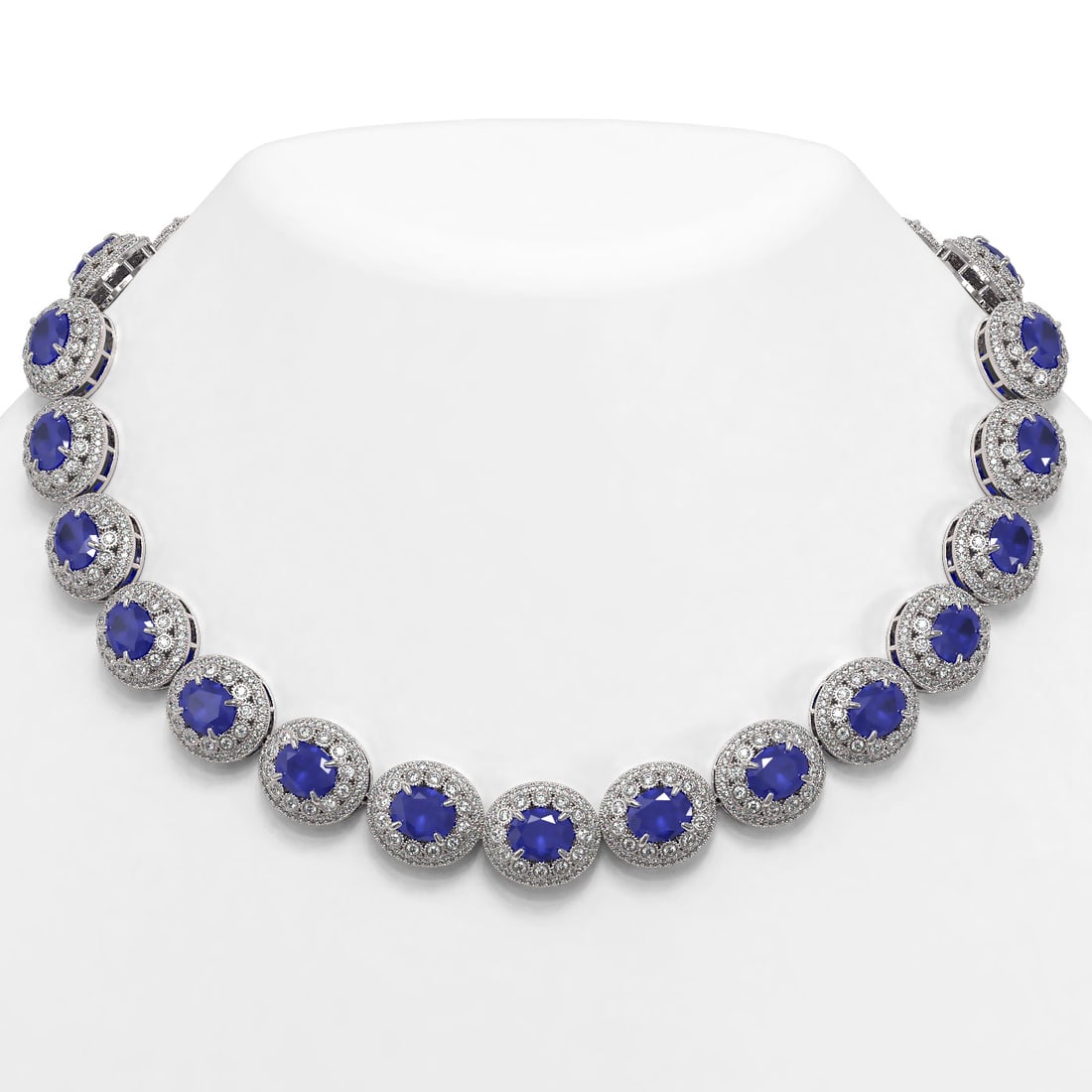 111.75 ctw Sapphire & Diamond Victorian Necklace 14K White Gold: 111.75 ctw Sapphire & Diamond Victorian Necklace 14K White Gold Item: Sapphire NecklaceTotal Gem weight: 111.75 carats Metal: Solid 14K White Gold Gold Product Weight: Approx. 118.6 grams Jewel