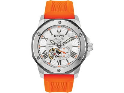 Bulova mens Marine Star: Bulova mens Marine Star Product Code: 98A226-39B2A Brand: Bulova Condition: Never Worn Stainless steel case, Rubber strap, Silver dial, Automatic movement, Scratch resistant mineral, Water resistant u