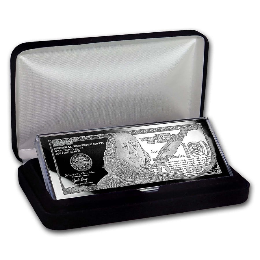 4 oz Silver Bar - 2018 $100 Bill (w/Box & COA): 4 oz Silver Bar - 2018 $100 Bill (w/Box & COA) Product ID: 158690 Year: 2018 Grade: None Grade Service: None Mint Mark: N/A - Not Available Metal Content: 4 troy oz Purity: .999