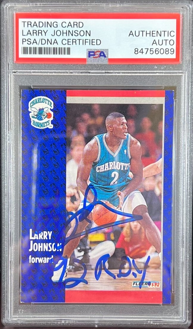 Larry Johnson auto inscribed 1992 Fleer RC #255 Charlotte Hornets PSA Encap: Larry Johnson auto inscribed 1992 Fleer RC #255 Charlotte Hornets PSA Encap Larry Johnson auto inscribed 1992 Fleer RC #255 Charlotte Hornets PSA Encap RBJ no:7369521234008