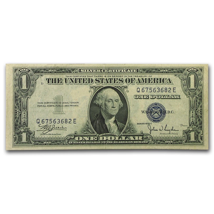 1935-C $1.00 Silver Certificate AU (Fr#1612): 1935-C $1.00 Silver Certificate AU (Fr#1612) RBJ no: 15182 Year: 1935 Grade: Almost Unc Grade Service: None Denomination: 1 Dollar Mint Mark: N/A - Not Available Metal Content: 0 troy oz