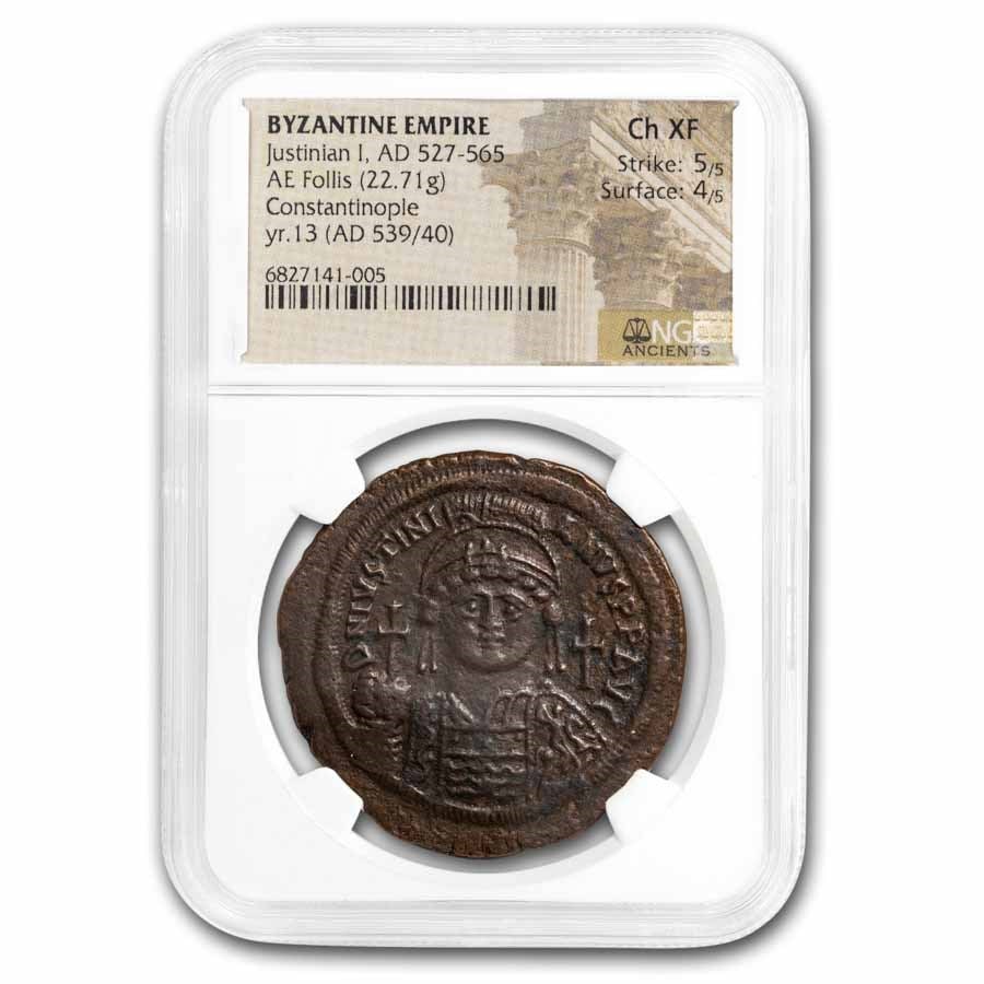Byzantine 40 Nummi Justinian 527-65 AD Ch XF NGC (Constantinople): Byzantine 40 Nummi Justinian 527-65 AD Ch XF NGC (Constantinople) RBJ no: 285276 Year: 527-565 AD Grade Service: NGC Denomination: 40 Nummi Metal Content: 0 troy oz Purity: N/A Thickness:
