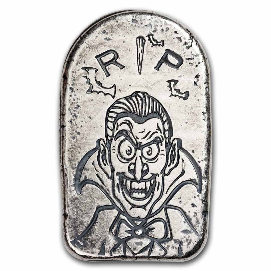 2 oz Hand Poured Silver - Vampire Tombstone (w/Bag): 2 oz Hand Poured Silver - Vampire Tombstone (w/Bag) RBJ no: 284865 Grade: None Grade Service: None Mint Mark: N/A - Not Available Metal Content: 2 troy oz Purity: .999 Thickness: 9.53 mm