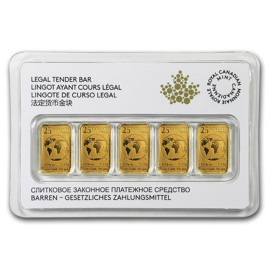 2016 Canada 1/10 oz Gold $25 5-Bar Set (In Assay): 2016 Canada 1/10 oz Gold $25 5-Bar Set (In Assay) RBJ no: 176889 Year: 2016 Grade: None Grade Service: None Denomination: $25 Mint Mark: RCM (Not Shown) Metal Content: 0.5 troy oz