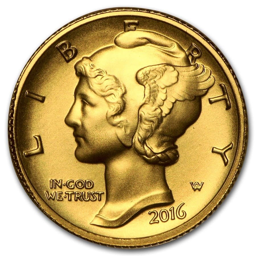 2016-W 1/10 oz Gold Mercury Dime Centennial (w/OGP): 2016-W 1/10 oz Gold Mercury Dime Centennial (w/OGP) RBJ no: 95503 Year: 2016 Grade: Specimen Grade Service: None Denomination: 10 Cents Mint Mark: W - West Point Metal Content: 0.1 troy o
