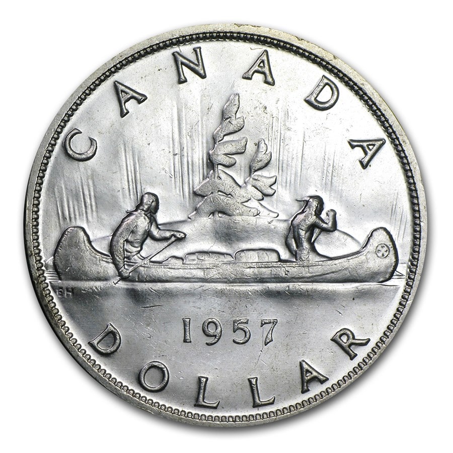 1957 Canada Silver Dollar Elizabeth II AU: 1957 Canada Silver Dollar Elizabeth II AU RBJ no: 67648 Year: 1957 Grade: Almost Unc Grade Service: None Denomination: $1.00 Dollar Mint Mark: RCM (Not Shown) Metal Content: 0.6 troy oz <