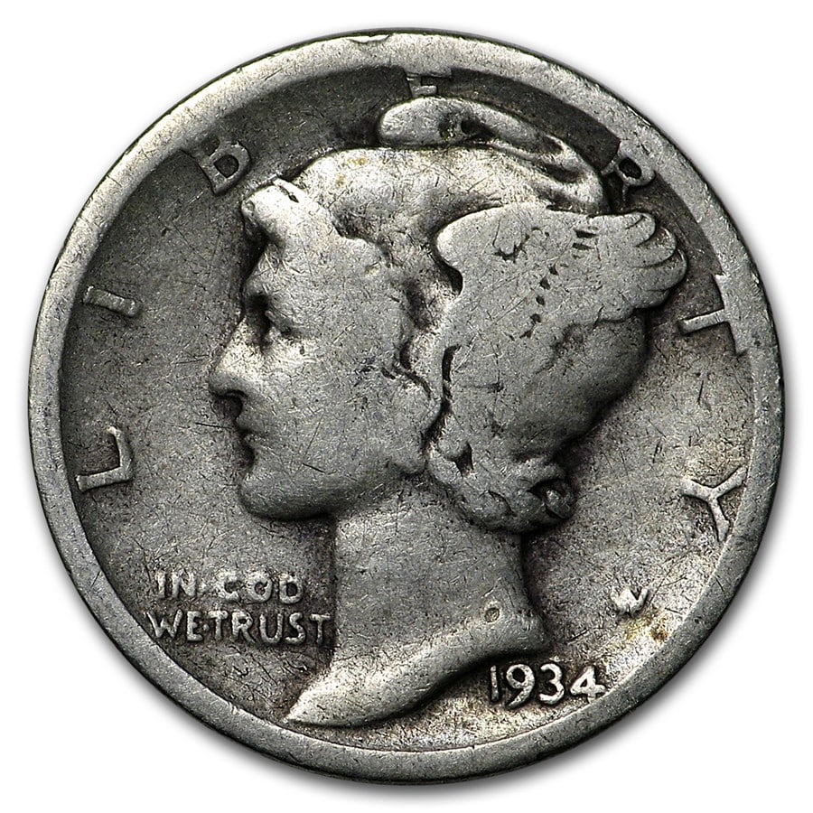 1934 Mercury Dime Good/VF: 1934 Mercury Dime Good/VF RBJ no: 170098 Year: 1934 Grade: Good or Better Grade Service: None Denomination: $0.10 Mint Mark: P - Philadelphia (Not Shown) Metal Content: 0.0715 troy oz