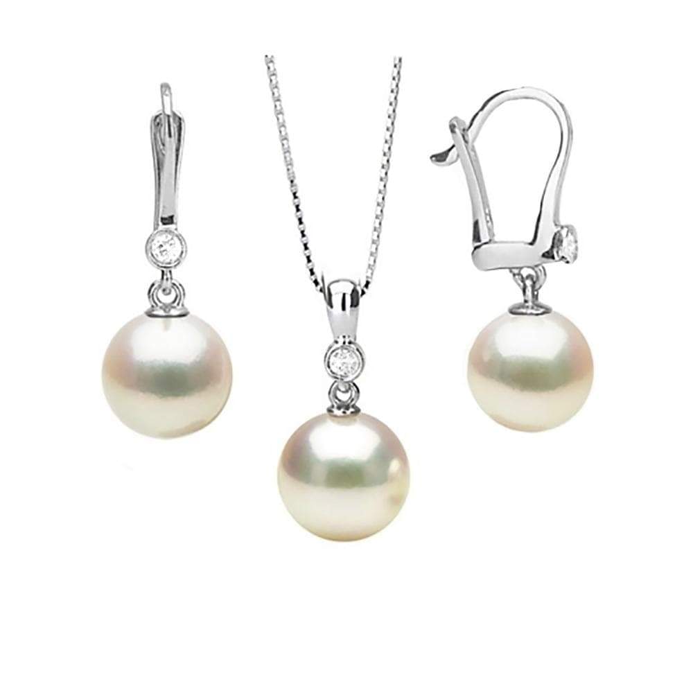 Akoya Pearl and Diamond Bezel Pendant and Dangle Earring Set: Akoya Pearl and Diamond Bezel Pendant and Dangle Earring Set Chain NOT included 8.0-8.5mm / 16-Inches / 18K Yellow Gold