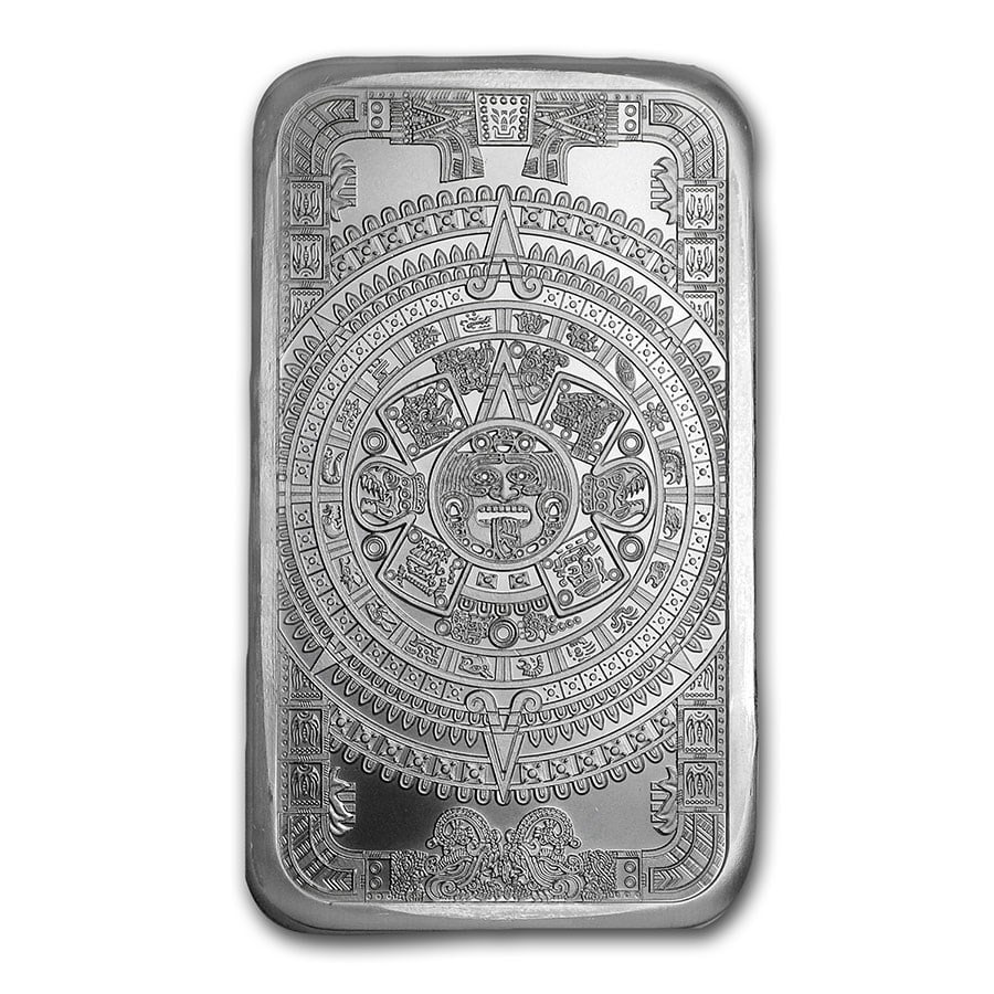 5 oz Silver Bar - Aztec Calendar: 5 oz Silver Bar - Aztec Calendar RBJ no: 205649 Year: N/A Grade: None Grade Service: None Mint Mark: N/A - Not Available Metal Content: 5 troy oz Purity: .999 Thickness: 6.5 mm <