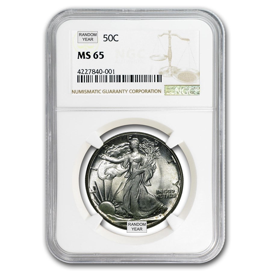 1940-1947 Walking Liberty Half-Dollar MS-65 NGC (Random): 1940-1947 Walking Liberty Half-Dollar MS-65 NGC (Random) RBJ no: 30826 Year: Random Grade: MS-65 Grade Service: NGC Denomination: 50 Cents Mint Mark: Varies Metal Content: 0.3617 troy oz