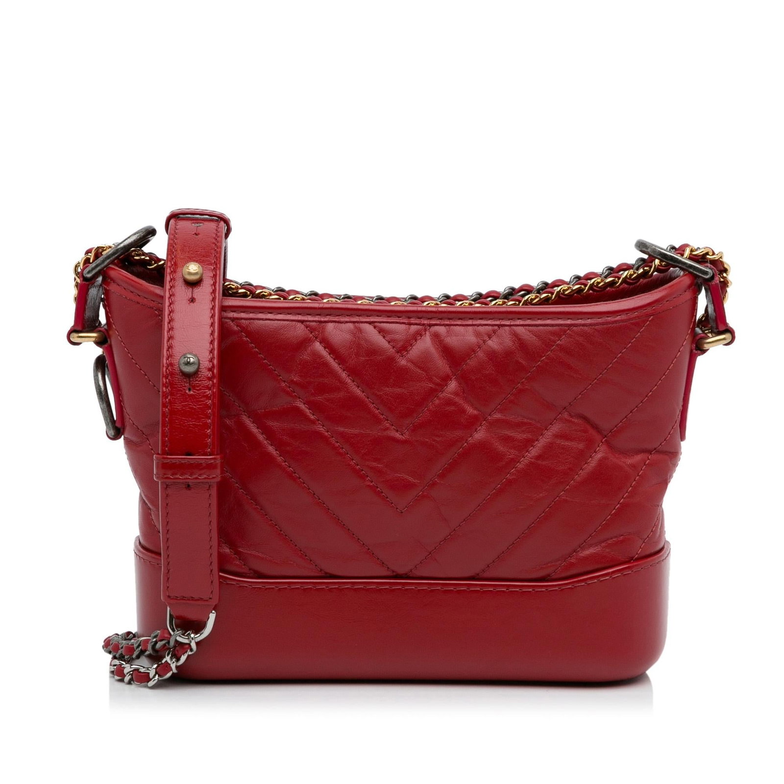 Chanel Small Lambskin Gabrielle Crossbody Bag: Chanel Small Lambskin Gabrielle Crossbody Bag Condition Quality: Exterior Front Out Of Shape, Scratched. Exterior Back Out Of Shape, Scratched. Exterior Bottom stained with Transfer Of Color. Practica