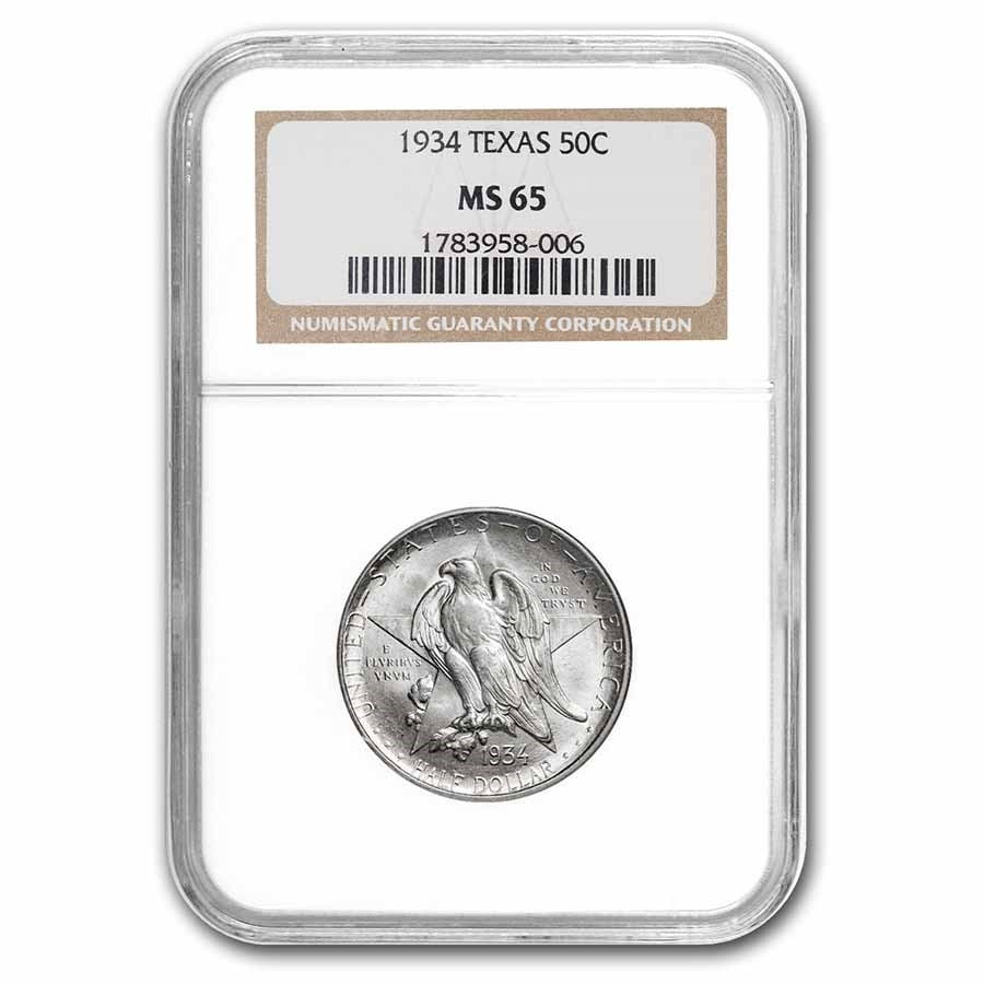 1934 Texas Centennial Commemorative Half Dollar MS-65 NGC: 1934 Texas Centennial Commemorative Half Dollar MS-65 NGC RBJ no: 11620 Year: 1934 Grade Service: NGC Denomination: 50 Cents Metal Content: 0.3617 troy oz Purity: .900 Thickness: 2.15 mm