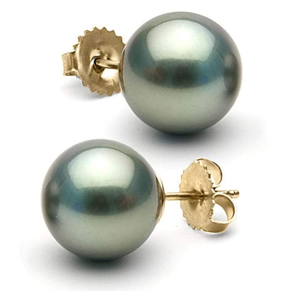 Black Tahitian Pearl Stud Earrings, 11.0-12.0mm: Black Tahitian Pearl Stud Earrings, 11.0-12.0mm 14K Yellow Gold