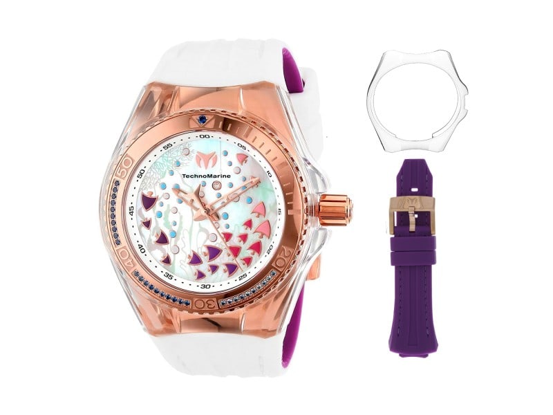 Technomarine womens Cruise: Technomarine womens Cruise Stainless steel case, Rubber strap, Mother of Pearl dial, Quartz movement, Scratch resistant mineral, Water resistant up to 20 ATM - 200 meters - 660 feet Product Code: 1130