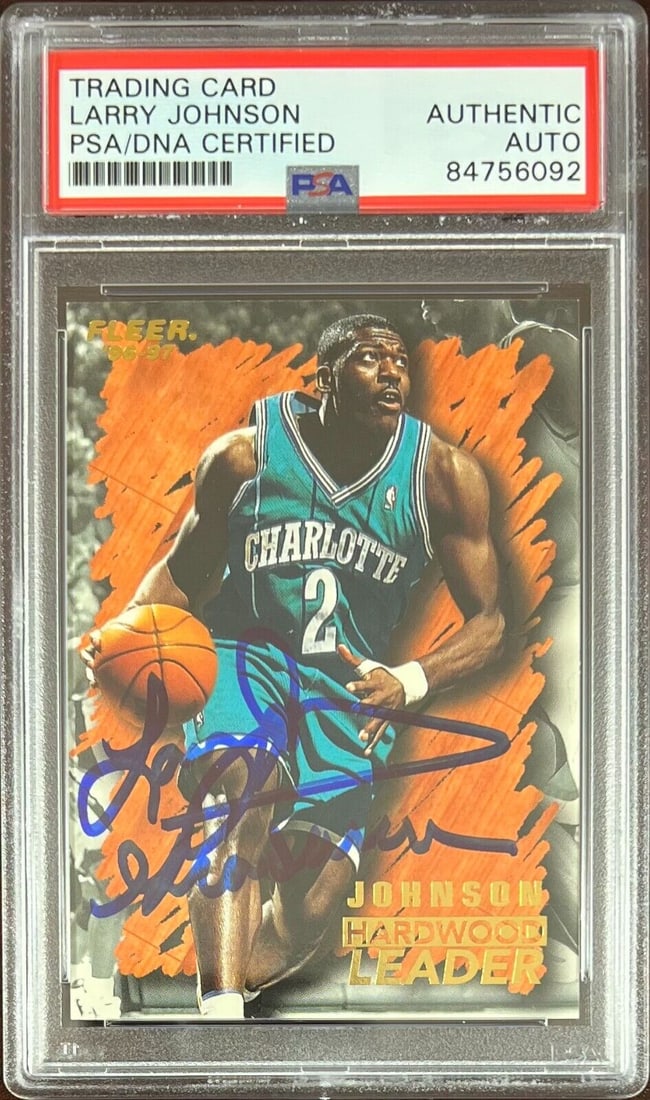 Larry Johnson auto inscribed 1996 Fleer #122 card Charlotte Hornets PSA Encap: Larry Johnson auto inscribed 1996 Fleer #122 card Charlotte Hornets PSA Encap Larry Johnson auto inscribed 1996 Fleer #122 card Charlotte Hornets PSA Encap RBJ no:7369521037400