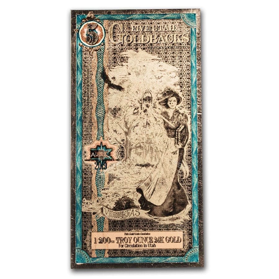 5 Utah Goldback - Aurum Gold Foil Note (24k): 5 Utah Goldback - Aurum Gold Foil Note (24k) RBJ no: 204990 Year: N/A Not Available Grade: (U) Crisp Unc Grade Service: None Denomination: 5 Utah Goldback Mint Mark: N/A - Not Available M