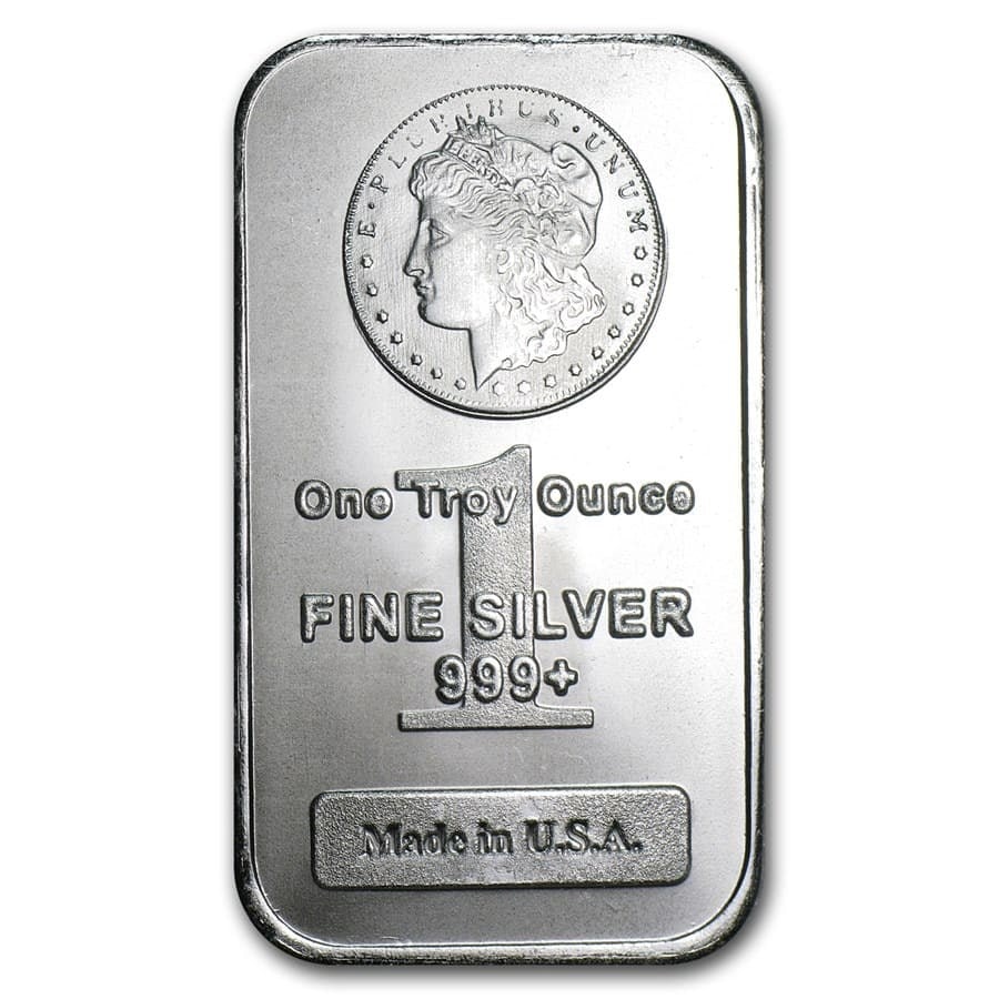 1 oz Silver Bar - Morgan Design: 1 oz Silver Bar - Morgan Design RBJ no: 50037 Year: N/A Grade: None Grade Service: None Denomination: 1 oz Mint Mark: N/A - Not Available Metal Content: 1 troy oz Purity: .999
