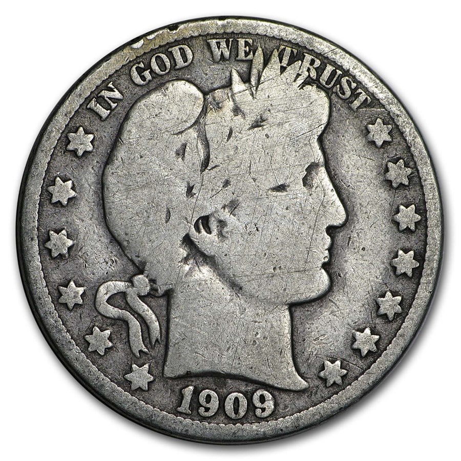 1909-O Barber Half Dollar VG: 1909-O Barber Half Dollar VG RBJ no: 37897 Year: 1909 Grade: Very Good Grade Service: None Denomination: $0.50 Mint Mark: O - New Orleans Metal Content: 0.3575 troy oz Purity: .9