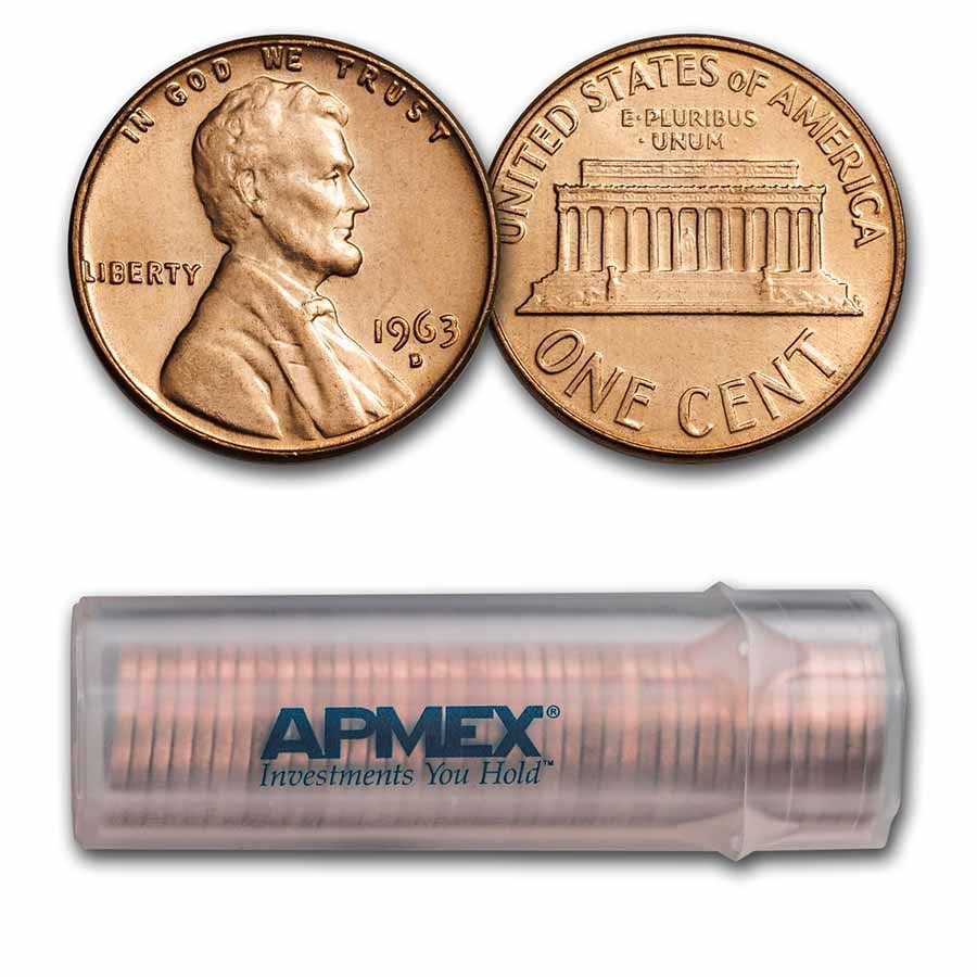 1963-D Lincoln Cent 50-Coin Roll BU: 1963-D Lincoln Cent 50-Coin Roll BU RBJ no: 9312 Year: 1963 Grade: Brilliant Unc Grade Service: None Denomination: 1 Cent Mint Mark: D - Denver Metal Content: 0 troy oz Purity: N