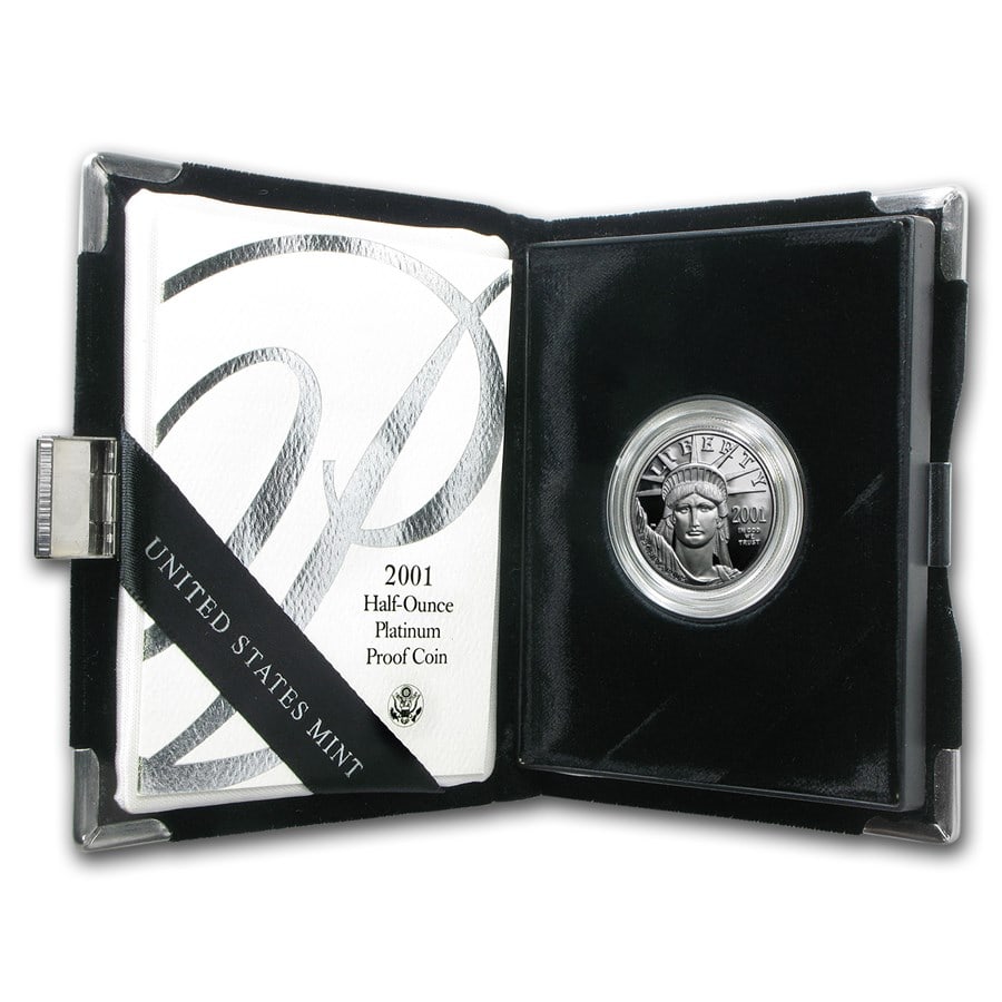 2001-W 1/2 oz Proof American Platinum Eagle (w/Box & COA): 2001-W 1/2 oz Proof American Platinum Eagle (w/Box & COA) RBJ no: 12228 Year: 2001 Grade: Proof Grade Service: None Denomination: 50 Dollars Mint Mark: W - West Point Metal Content: 0.5 t