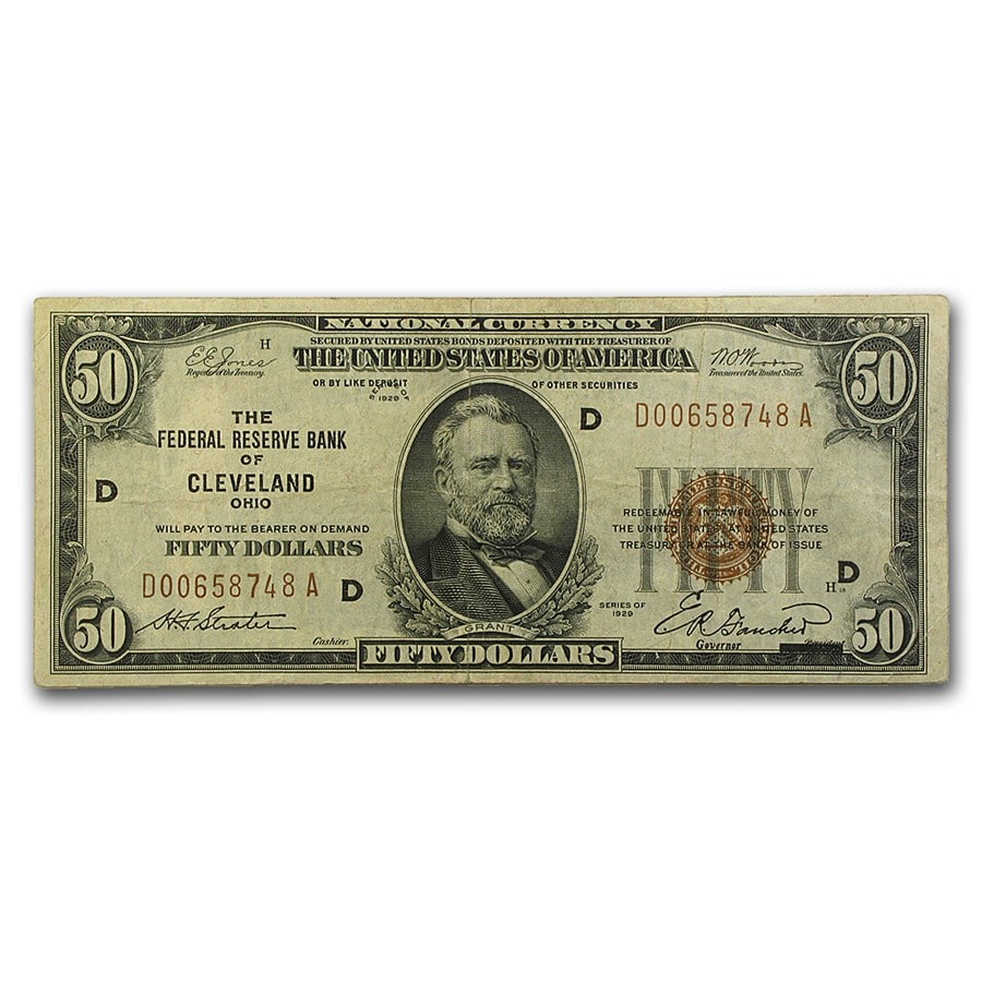 1929 (D-Cleveland) $50 Brown Seal FRBN VF (Fr#1880-D): 1929 (D-Cleveland) $50 Brown Seal FRBN VF (Fr#1880-D) RBJ no: 23028 Year: 1929 Grade: Very Fine Grade Service: None Denomination: $50 Mint Mark: D - Cleveland Metal Content: 0 troy oz