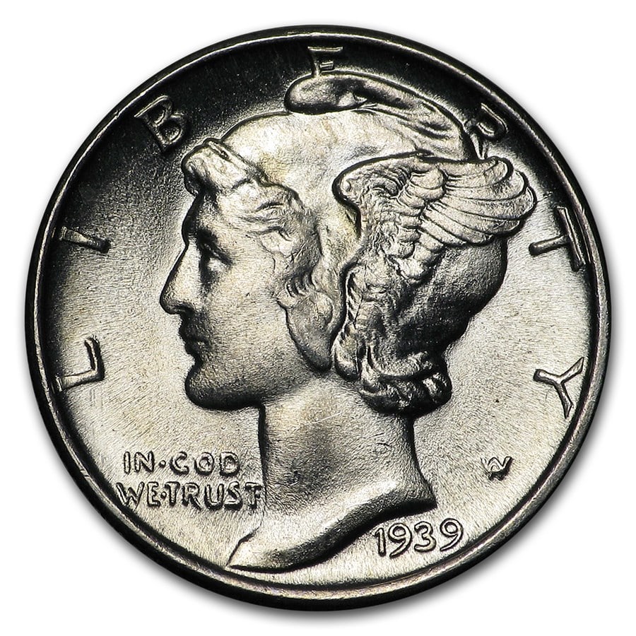 1939 Mercury Dime BU: 1939 Mercury Dime BU RBJ no: 2383 Year: 1939 Grade: Brilliant Unc Grade Service: None Denomination: $0.10 Mint Mark: P - Philadelphia (Not Shown) Metal Content: 0.0715 troy oz Pu