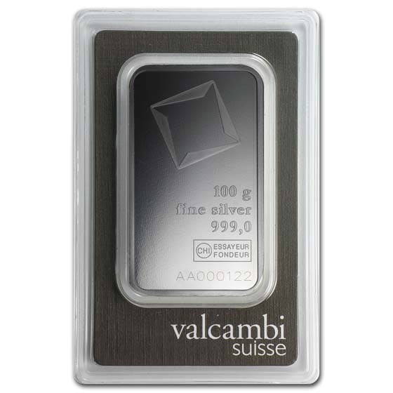 100 gram Silver Bar - Valcambi (w/Assay): 100 gram Silver Bar - Valcambi (w/Assay) RBJ no: 81996 Year: N/A Grade: None Grade Service: Assay Card Denomination: 100 grams Mint Mark: N/A - Not Available Metal Content: 3.215 troy oz