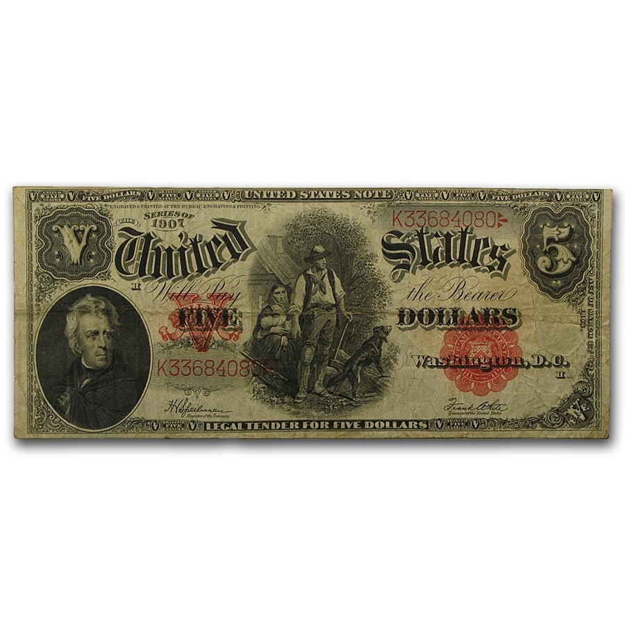 1907 $5.00 Legal Tender Head of Andrew Jackson VF (Fr#91): 1907 $5.00 Legal Tender Head of Andrew Jackson VF (Fr#91) Product ID: 19656 Year: 1907 Grade: Very Fine Grade Service: None Denomination: 5 Dollars Mint Mark: N/A - Not Available Metal Co