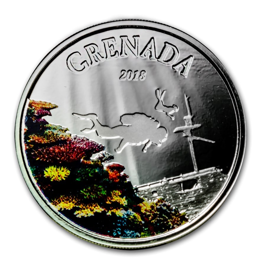 2018 Grenada 1 oz Silver Diving Paradise Proof (Colorized): 2018 Grenada 1 oz Silver Diving Paradise Proof (Colorized) Product ID: 178507 Year: 2018 Grade: Proof Grade Service: None Denomination: $2.00 Dollars Mint Mark: Not Shown Metal Content: 1