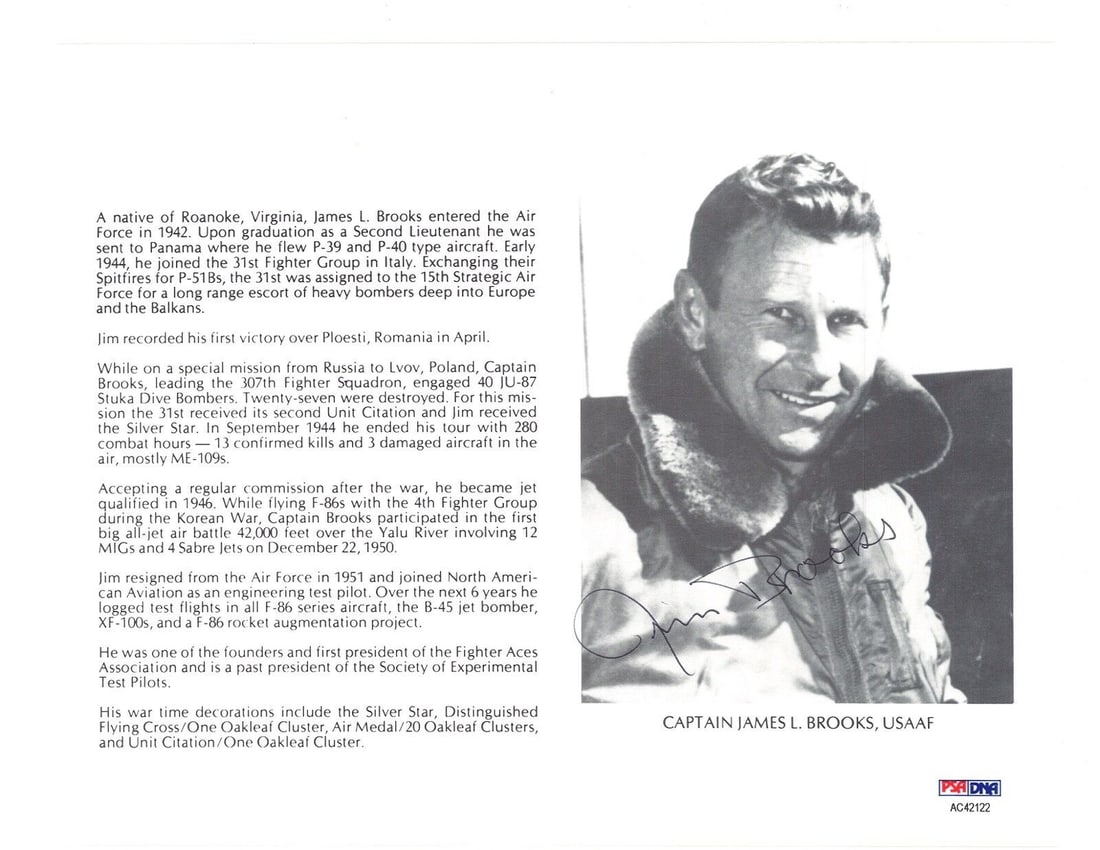 JAMES BROOKS SIGNED 8X10 PSA DNA AC42122 WWII ACE 13 KILLS: JAMES BROOKS SIGNED 8X10 PSA DNA AC42122 WWII ACE 13 KILLS JAMES BROOKS SIGNED 8X10 PSA DNA AC42122 WWII ACE 13 KILLS SKU: RBJ7345772462168