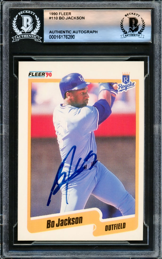 bo jackson autographed 1990 fleer card #110 kansas city royals beckett #16176280: bo jackson autographed 1990 fleer card #110 kansas city royals beckett #16176280 Bo Jackson Autographed 1990 Fleer Card #110 Kansas City Royals Beckett #16176280 SKU: RBJ7532709904472