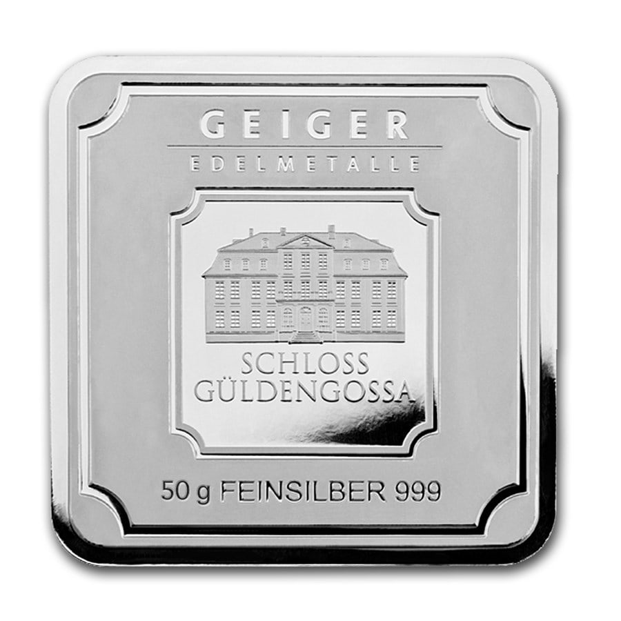 50 gram Silver Bar - Geiger Edelmetalle (Original Square Series): 50 gram Silver Bar - Geiger Edelmetalle (Original Square Series) Product Id: 155911 Year: N/A Grade: None Grade Service: None Mint Mark: N/A - Not Available Metal Content: 1.6075 troy oz