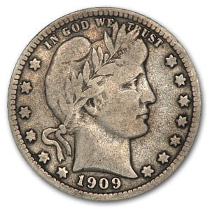 1909-D Barber Quarter Fine: 1909-D Barber Quarter Fine Product ID: 42565 Year: 1909 Grade: Fine Grade Service: None Denomination: $0.25 Mint Mark: D - Denver Metal Content: 0.1788 troy oz Purity: .900 <
