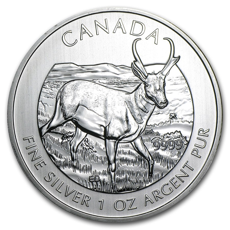 2013 Canada 1 oz Silver Wildlife Series Pronghorn Antelope: 2013 Canada 1 oz Silver Wildlife Series Pronghorn Antelope Product ID: 71331 Year: 2013 Grade: Brilliant Unc Grade Service: None Denomination: $5 Mint Mark: RCM (Not Shown) Metal Content: